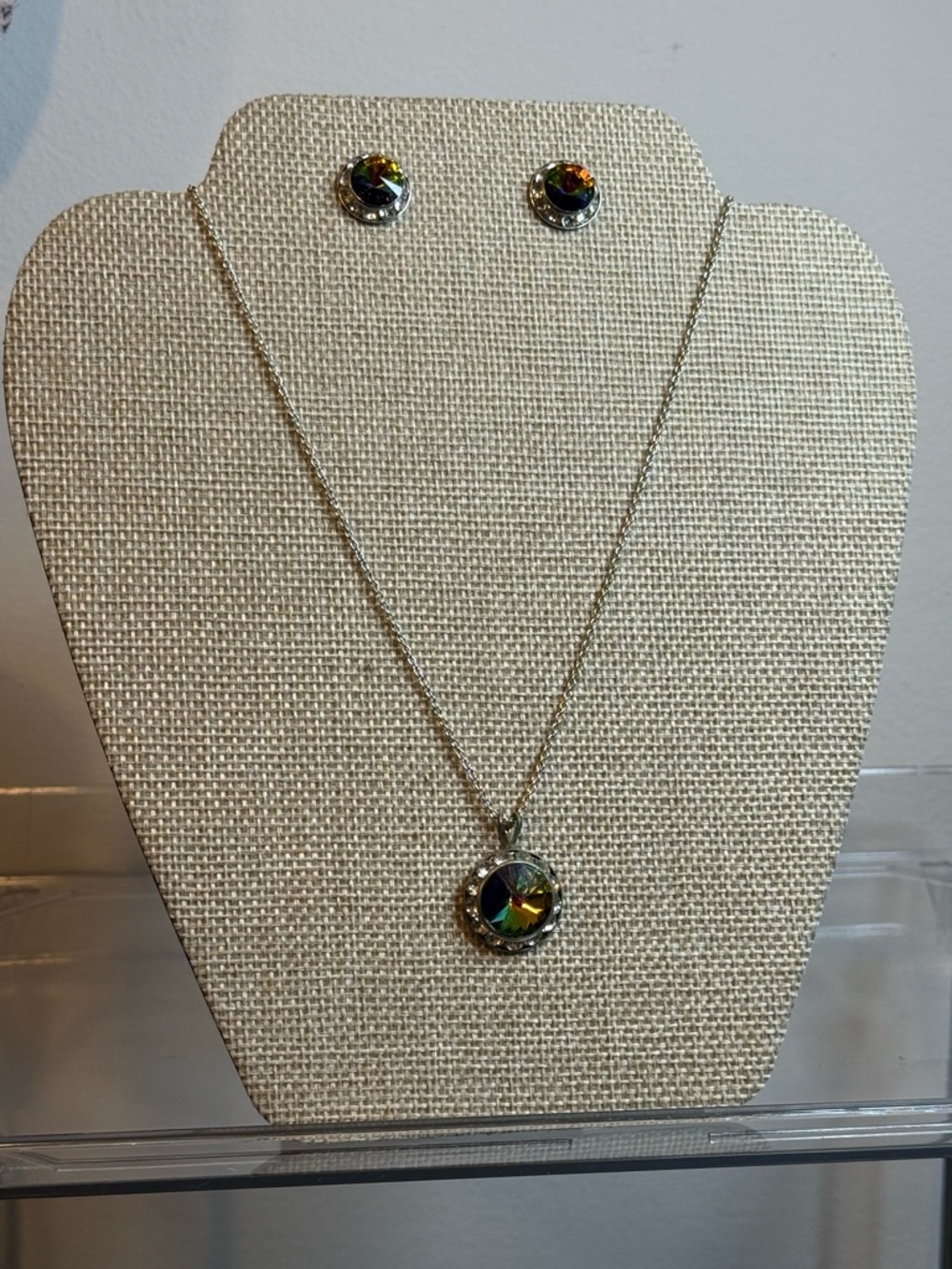 Rainbow Crystal Pendant Necklace and Stud Earring Set